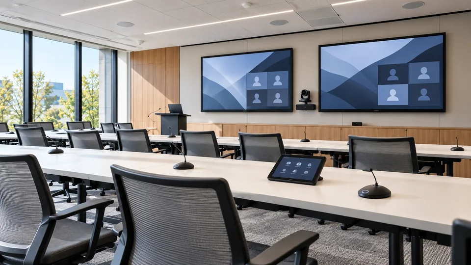 Illustrative training room with integrated displays, camera and microphones